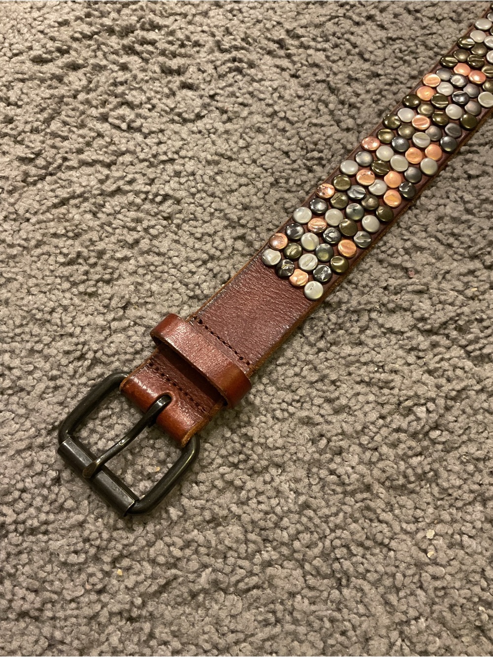 Amsterdam Heritage 85 Brown Leather Dress Belt Multicolor Metallic Stud Boho